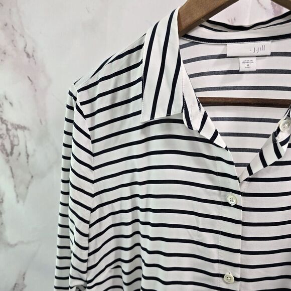 J Jill Shirt Women Medium Tall Navy White Striped Button Up Blouse Nautical - Picture 2 of 13
